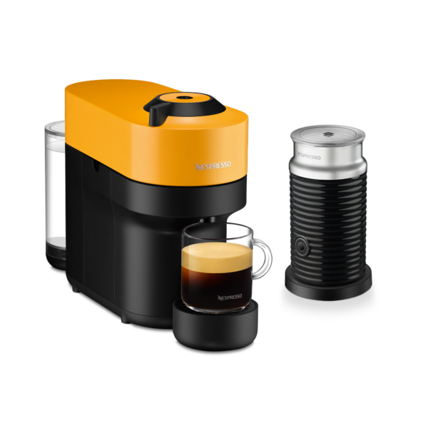 Nespresso Vertuo Pop Mango Yellow & Aeroccino 3 schwarz Vertuo Kaffeemaschine